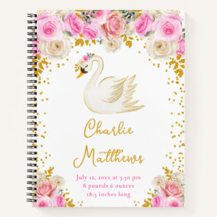 Swan Pink and Gold Roses Birth Statistics Notebook