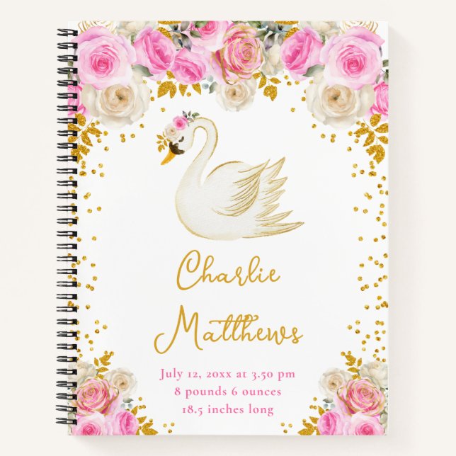 Swan Pink and Gold Roses Birth Statistics Notebook (Front)