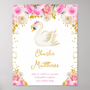 Swan Pink and Gold Roses Birth Statistics Poster