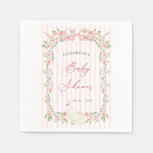 Swan Pink Bow Floral Baby Shower Napkin (Front)