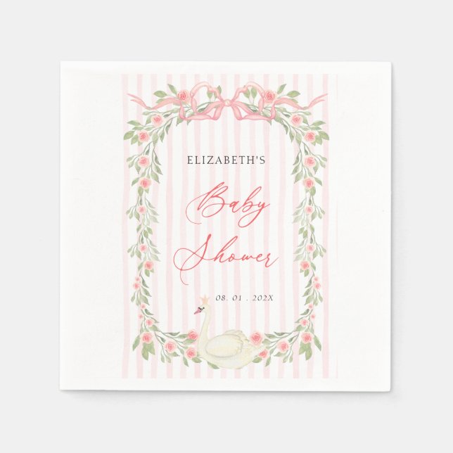 Swan Pink Bow Floral Baby Shower Napkin (Front)