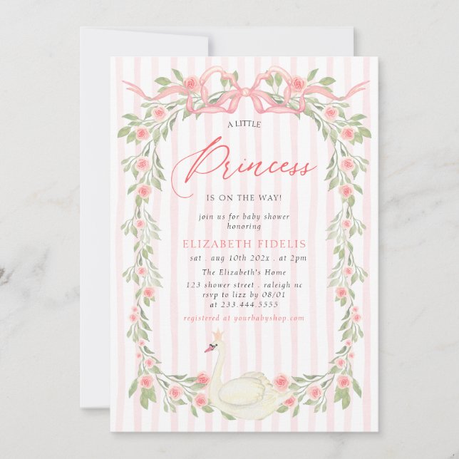 Swan Pink Bow Floral Roses Baby Shower Invitation (Front)