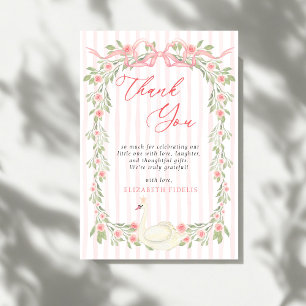 Swan Pink Bow Floral Roses Baby Shower Thank You Card