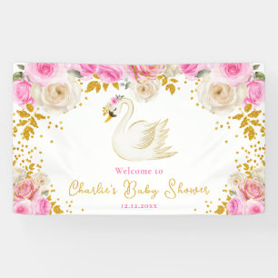 Swan Pink Gold Roses Baby Shower Welcome Banner