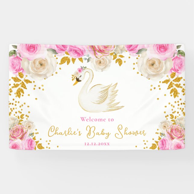 Swan Pink Gold Roses Baby Shower Welcome Banner (Horizontal)