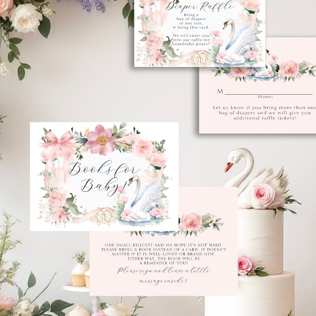 Swan Pink Ribbon Elegant Floral Books for Baby Enclosure Card (Creator Uploaded)