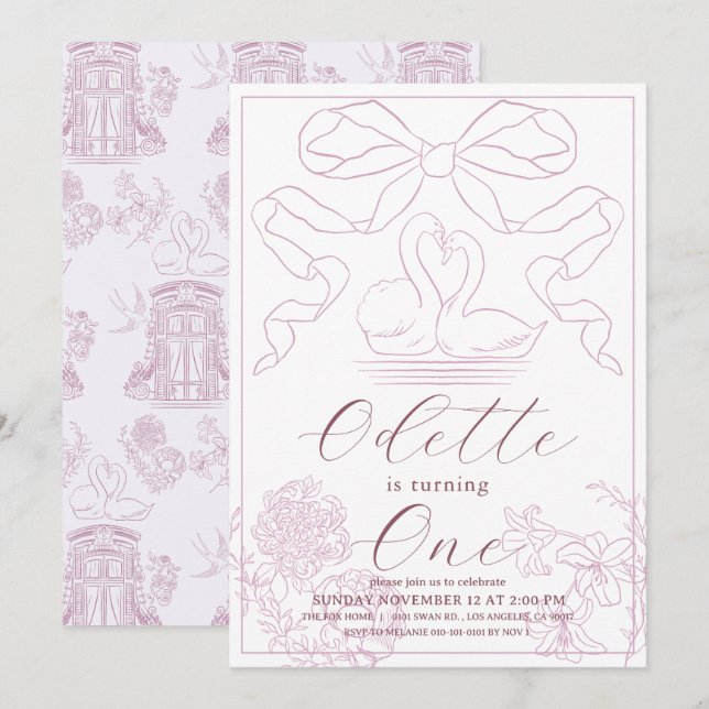 Swan Pink Toile de Jouy Girl 1st Birthday Invitation (Front/Back)