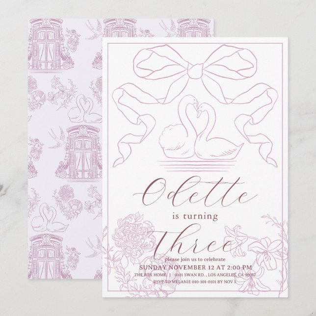 Swan Pink Toile de Jouy Girl Birthday Invitation (Front/Back)