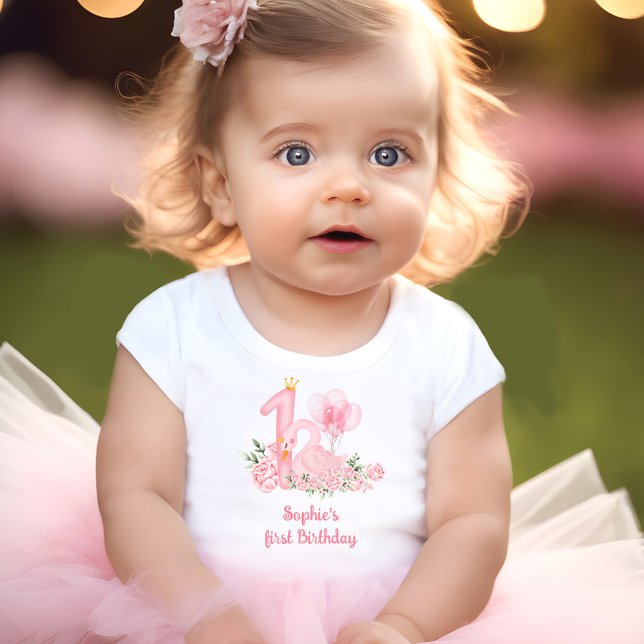 Swan Pink White Soft Floral Name Girl 1st Birthday Baby T-Shirt (Swan Pink White Soft Floral Name Girl 1st Birthday Baby T-Shirt)