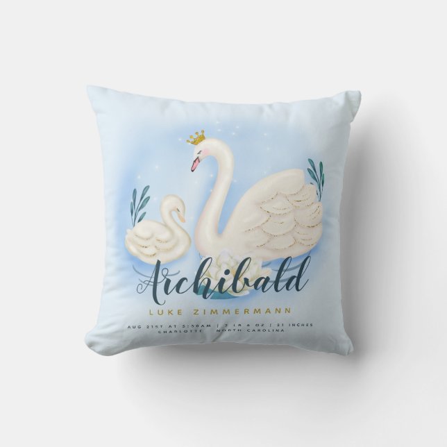 Swan Pond Gold Baby Blue Personalised Birth Cushion (Front)