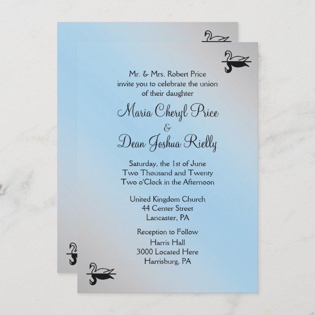 Swan Powder Blue Wedding Invitations (Front/Back)
