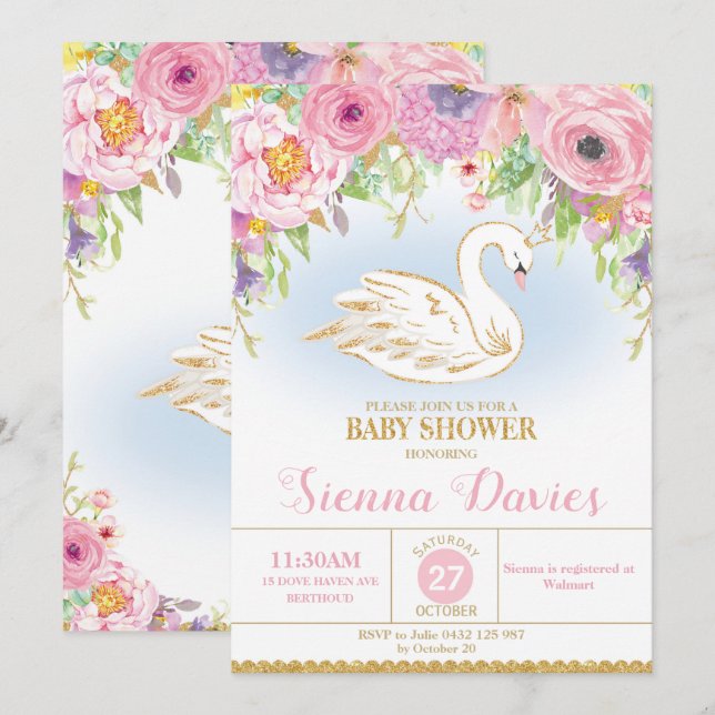 Swan Princess Baby Shower Invitation Floral Girl (Front/Back)