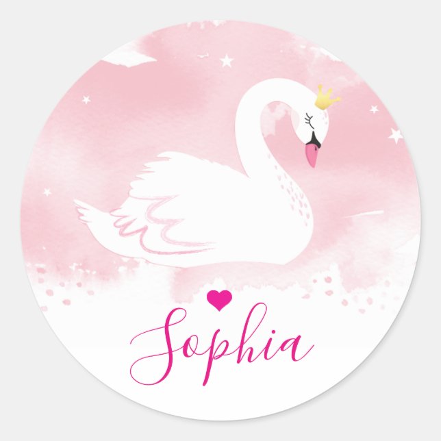 SWAN PRINCESS birthday party elegant pretty pink Classic Round Sticker (Front)