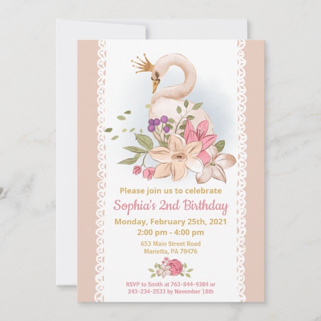Swan Princess Birthday Party Invitation (Front)