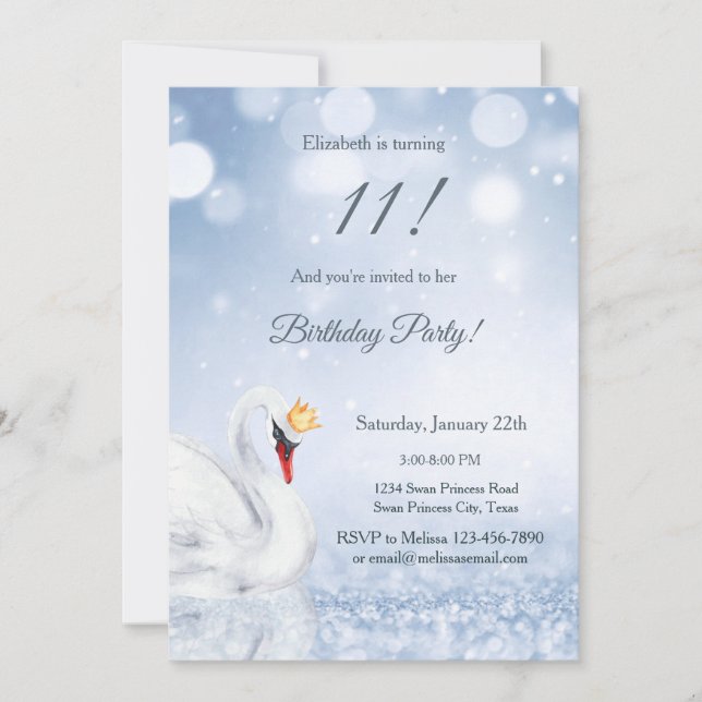 Swan Princess Blue Glitter Winter Girls Birthday Invitation (Front)