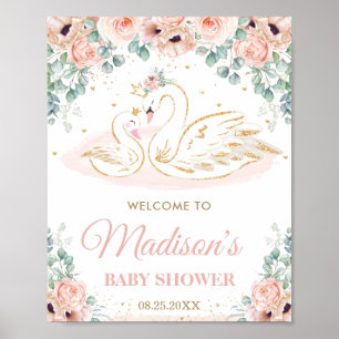 Swan Princess Blush Floral Baby Shower Welcome Poster