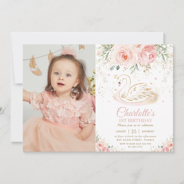 Swan Princess Blush Pink Floral 1st Birthday Photo Invitation (Front)