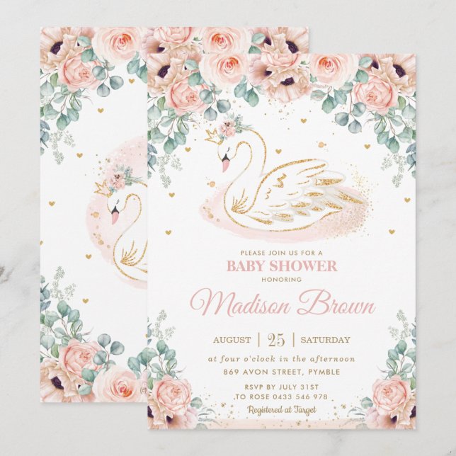 Swan Princess Blush Pink Floral Gold Baby Shower Invitation (Front/Back)