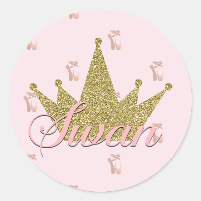 Swan Princess Gold Glitter Crown Birthday Party Classic Round Sticker (Front)