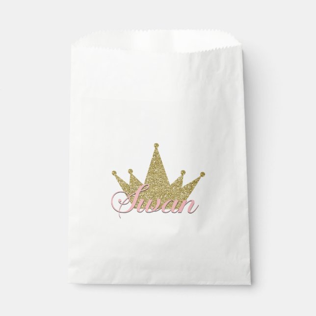 Swan Princess Gold Glitter Crown Birthday Party Favour Bags (Front)