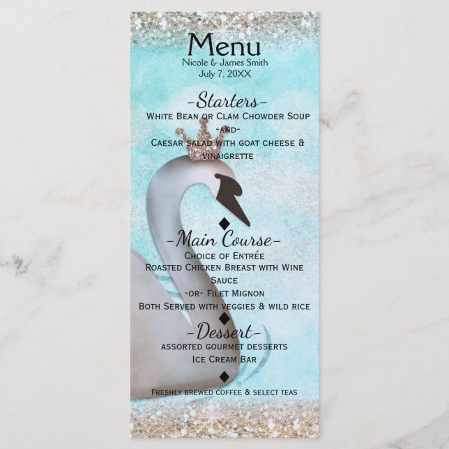 Swan Princess Gold Glitter Fairy Tale Party Menu (Front)