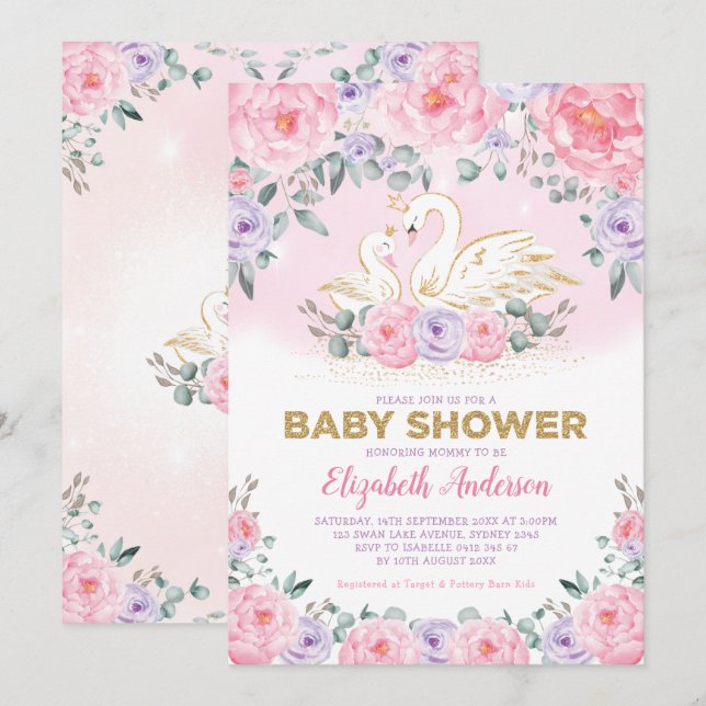 Swan Princess Lavender Pink Peonies Baby Shower Invitation (Front/Back)