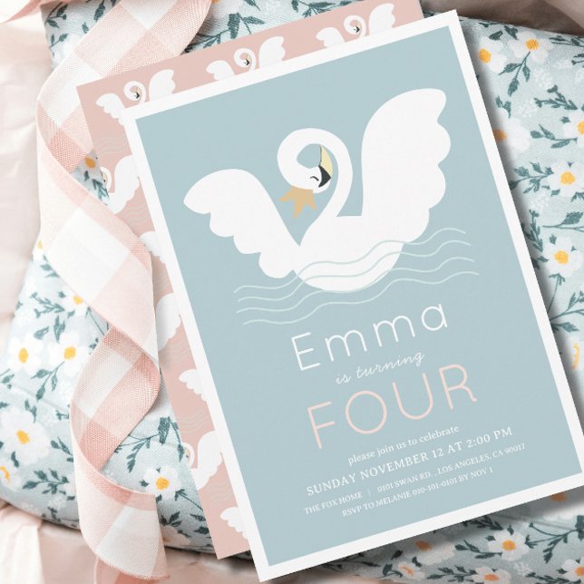 Swan Princess Modern Blue Girl Birthday Invitation (Creator Uploaded)