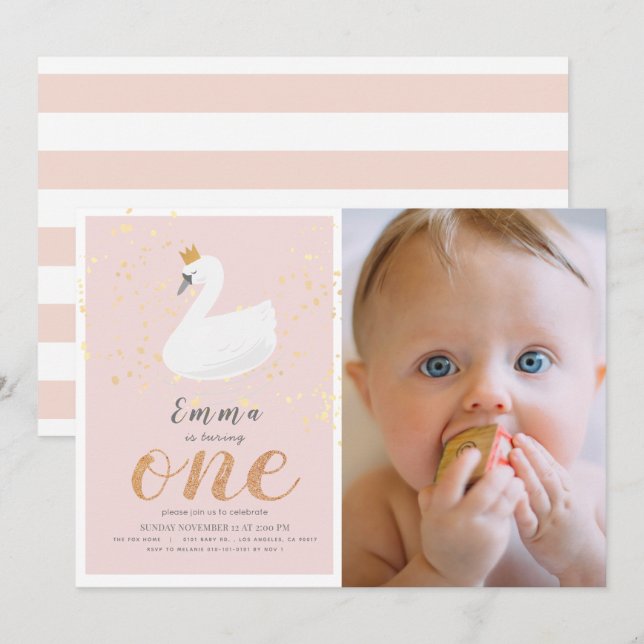 Swan Princess Pink Girl Photo 1st Birthday Invitation (Front/Back)