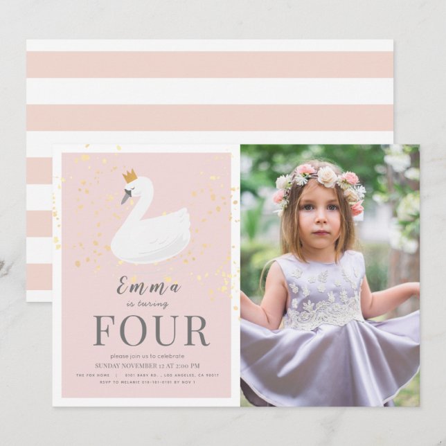 Swan Princess Pink Girl Photo Birthday Invitation (Front/Back)