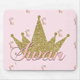 Swan Princess Pink & Gold Glitter Crown Glam Mouse Pad