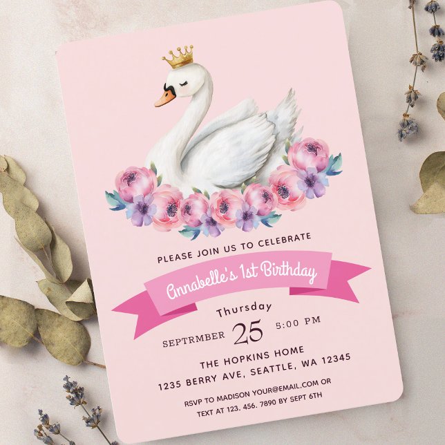 Swan Princess Pink Watercolor Girl 1st Birthday  Invitation (Creator Uploaded)