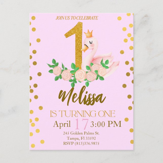 Swan Princess Turning One Birthday Invitation   Postcard (Front)