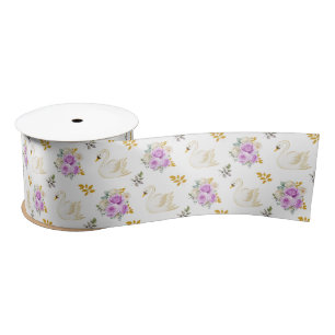 Swan Purple and Gold Floral Roses Satin Ribbon