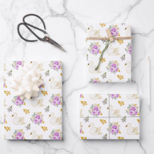 Swan Purple and Gold Floral Roses Wrapping Paper Sheet
