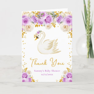 Swan Purple and Gold Roses Baby Shower Thank You Card