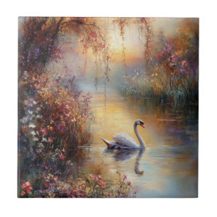 Swan Rustic Impressionist Painting Tile