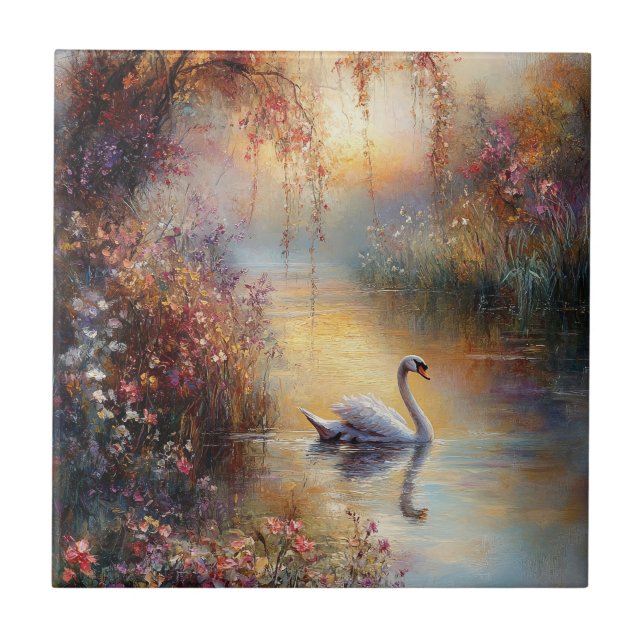 Swan Rustic Impressionist Painting Tile (Front)