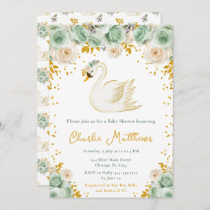 Swan Sage Green and Gold Roses Baby Shower Invitation