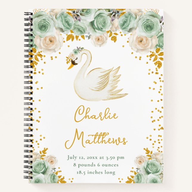 Swan Sage Green and Gold Roses Birth Statistics Notebook (Front)
