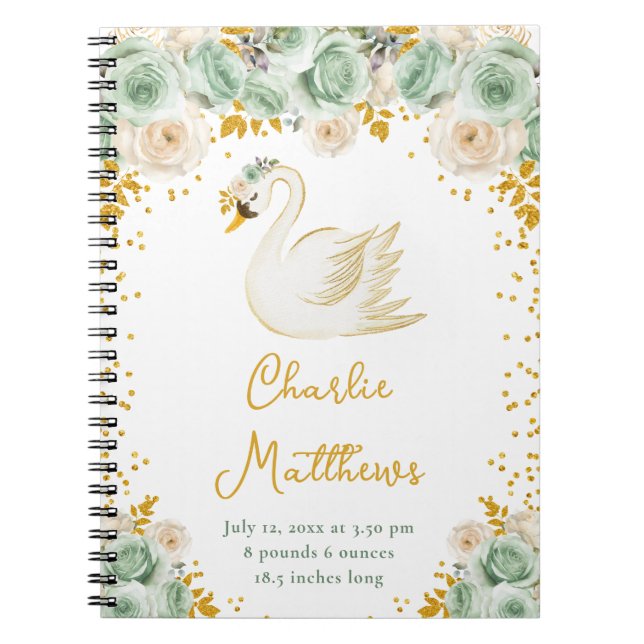 Swan Sage Green and Gold Roses Birth Statistics Notebook (Front)