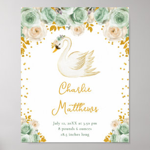 Swan Sage Green and Gold Roses Birth Statistics Poster