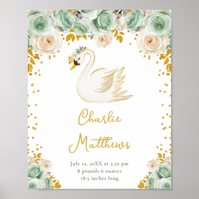 Swan Sage Green and Gold Roses Birth Statistics Poster (Front)