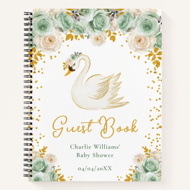 Swan Sage Green Gold Roses Baby Shower Guest Book (Front)