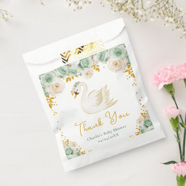 Swan Sage Green Gold Roses Baby Shower Thank You Favour Bags (Sealed)