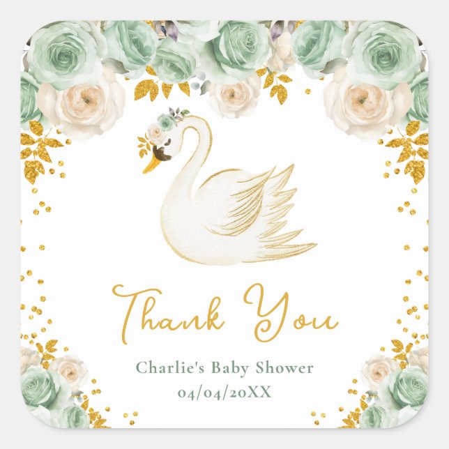Swan Sage Green Gold Roses Baby Shower Thank You Square Sticker (Front)