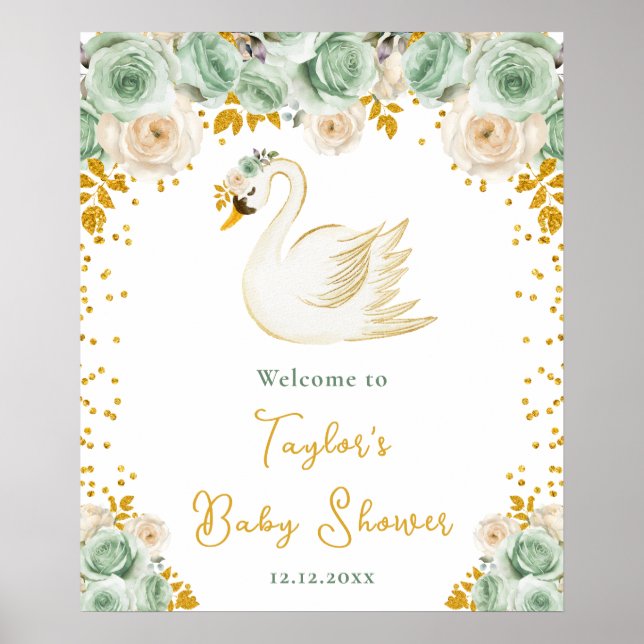 Swan Sage Green Gold Roses Baby Shower Welcome Poster (Front)