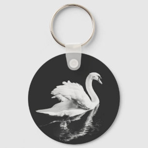 Swan Swimming Black and White Key Ring