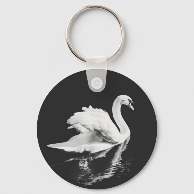 Swan Swimming Black and White Key Ring (Front)