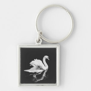 Swan Swimming Black and White Key Ring