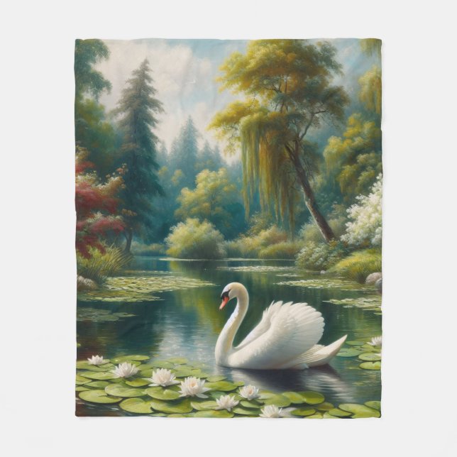 Swan Swimming on the Pond Impressionist Painting Fleece Blanket (Front)